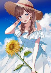 Rule 34 | 1girl, :d, bare shoulders, blue sky, blush, braid, brown eyes, brown hair, cloud, collarbone, commentary request, contrail, day, dress, earrings, flower, frilled dress, frills, hanako151, hand in own hair, hand up, hat, highres, holding, holding flower, jewelry, leaning forward, long hair, looking at viewer, open mouth, original, outdoors, sky, sleeveless, sleeveless dress, smile, solo, standing, sun hat, sundress, sunflower, twintails, white dress, yellow flower