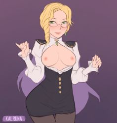Rule 34 | 1girl, blonde hair, breasts, glasses, glynda goodwitch, green eyes, highres, kalruna, open clothes, rwby
