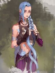 Rule 34 | 1girl, absurdres, armpit crease, artist name, belt, black choker, black tank top, body markings, braid, braided ponytail, choker, closed mouth, green background, highres, iago fn, jinx (league of legends), league of legends, midriff, navel, pants, pink eyes, purple pants, solo, standing, striped clothes, striped pants, tank top, tying hair