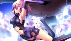 Rule 34 | 1girl, arm up, armor, armpits, black thighhighs, breasts, breasts apart, broken armor, hair over one eye, holding, holding shield, mash kyrielight, medium breasts, midriff, navel, pink hair, purple eyes, shield, sideboob, solo, sparkle, stomach, thighhighs, toshi (1-147)