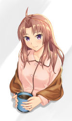 Rule 34 | 1girl, ahoge, alternate hairstyle, blush, brown hair, buttons, commentary request, cropped torso, cup, fingernails, hair down, highres, holding, holding cup, jewelry, kagerou (kancolle), kantai collection, light smile, long hair, long sleeves, looking at viewer, mug, pajamas, pink pajamas, purple eyes, ring, solo, steam, t (sisirien), upper body, wedding band