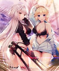 Rule 34 | 2girls, ahoge, arched back, artist name, ass, bikini, black bikini, black gloves, black jacket, blonde hair, blue eyes, blue sky, blush, braid, breasts, choker, cleavage, closed mouth, collarbone, commentary request, day, fate/grand order, fate (series), from behind, front-tie top, gloves, hair between eyes, hairband, holding, holding sword, holding weapon, jacket, jeanne d&#039;arc alter (swimsuit berserker) (fate), jeanne d&#039;arc (fate), jeanne d&#039;arc (ruler) (fate), jeanne d&#039;arc (swimsuit archer) (fate), jeanne d&#039;arc alter (fate), jeanne d&#039;arc alter (swimsuit berserker) (fate), katana, large breasts, long braid, long hair, looking at viewer, midriff, multiple girls, navel, o-ring, open clothes, open mouth, outdoors, palm tree, rosuuri, shiny skin, shrug (clothing), single bare shoulder, single braid, sky, standing, sunlight, swimsuit, sword, thighs, tree, unzipped, very long hair, wading, water, weapon, yellow eyes
