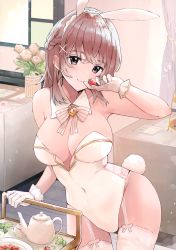 Rule 34 | 1girl, absurdres, animal ears, arm up, bare shoulders, blush, bow, bowtie, braid, breasts, brown eyes, brown hair, cleavage, closed mouth, covered navel, cowboy shot, detached collar, fake animal ears, fake tail, flower, food, fruit, garter straps, gloves, hairband, highres, holding, holding food, holding fruit, indoors, large breasts, leotard, original, pink bow, pink bowtie, playboy bunny, rabbit ears, rabbit tail, rose, scan, serving cart, short hair, smile, solo, strapless, strapless leotard, strawberry, table, tail, teapot, thighhighs, tomura2maru, vase, white flower, white gloves, white hairband, white leotard, white rose, white thighhighs
