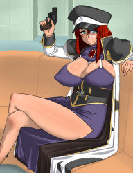 Rule 34 | 00s, 1girl, bad id, bad pixiv id, blue eyes, blush, breasts, brooch, cleavage, cleavage cutout, clothing cutout, couch, crossed legs, dress, feet out of frame, forte stollen, galaxy angel, gun, handgun, hat, huge breasts, impossible clothes, impossible dress, indoors, jewelry, legs, looking at viewer, monocle, peaked cap, purple dress, red hair, revolver, sitting, smile, solo, sorashu, thighs, weapon