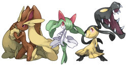 Rule 34 | androgynous, animal ears, animal nose, blush, creature, creatures (company), crossed legs, extra mouth, eyebrows, game freak, gen 3 pokemon, gen 4 pokemon, gender request, hand on own hip, hip focus, kirlia, kneeling, looking at viewer, lopunny, mawile, monster, nintendo, open mouth, pearl7, pointing, pokemon, pokemon (creature), rabbit ears, red eyes, sharp teeth, simple background, smile, snout, standing, teeth, thick eyebrows, white background