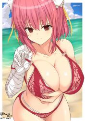 Rule 34 | 1girl, absurdres, bad id, bad twitter id, bandaged arm, bandages, bare shoulders, beach, bikini, breast hold, breasts, brown eyes, bun cover, cleavage, collarbone, cowboy shot, dated, day, double bun, furiruno, hair bun, halterneck, highres, huge breasts, ibaraki kasen, leaning forward, looking at viewer, multi-strapped bikini, o-ring, o-ring bikini, outdoors, pink hair, pulled by self, red bikini, sand, single bare shoulder, solo, standing, summer, swimsuit, touhou, water