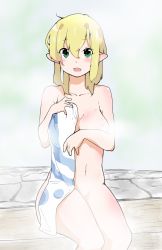 Rule 34 | 1girl, :d, blonde hair, blush, body blush, breasts, collarbone, covering privates, covering breasts, female focus, green eyes, happy, highres, kitsune (koma), koma kitsune (kururito), looking at viewer, mizuhashi parsee, navel, nude, onsen, open mouth, pointy ears, short hair, smile, solo, steam, touhou, towel