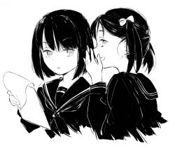 Rule 34 | 2girls, :d, black hair, black sailor collar, black serafuku, bob cut, bow, commentary, cropped torso, greyscale, hair bow, holding, holding notepad, krita (medium), long sleeves, looking at viewer, looking to the side, monochrome, multiple girls, notepad, open mouth, original, parted lips, portrait, sailor collar, school uniform, serafuku, short hair, short twintails, simple background, smile, tomato (potato), twintails, whispering, white background