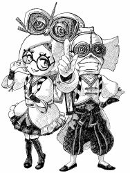 Rule 34 | 1boy, 1girl, \m/, absurdres, cuffs, dress, frilled dress, frills, glasses, goggles, goggles on head, greyscale, grin, hair ornament, hair stick, headband, highres, mary janes, monochrome, music hour, nintendo, pointing, pointing at viewer, purah, robbie (zelda), shoes, short hair, simple background, smile, the legend of zelda, the legend of zelda: breath of the wild, thighhighs, white background, zettai ryouiki