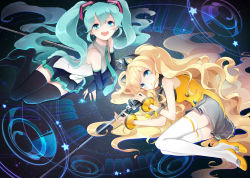 Rule 34 | 2girls, aqua eyes, aqua hair, bacu, blonde hair, blue eyes, boots, bridal gauntlets, earrings, hatsune miku, jewelry, long hair, lying, microphone, microphone stand, multiple girls, nail polish, necktie, on side, open mouth, seeu, skirt, thigh boots, thighhighs, twintails, very long hair, vocaloid