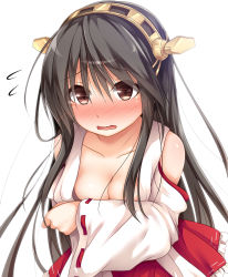 Rule 34 | 10s, 1girl, black hair, blush, breasts, brown eyes, covering privates, covering breasts, detached sleeves, embarrassed, flying sweatdrops, hairband, haruna (kancolle), haryuu (poetto), headgear, highres, japanese clothes, kantai collection, long hair, personification, solo, tears, wavy mouth