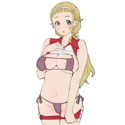 Rule 34 | 1girl, :o, bikini, blonde hair, blush, bra, breasts, brown eyes, cleavage, clothes lift, clothes pull, commentary, cowboy shot, eyepatch bikini, eyepatch bra, girls und panzer, hair pulled back, hairband, highres, lace, lace-trimmed bra, lace-trimmed panties, lace trim, large breasts, lifted by self, lingerie, long hair, looking at viewer, micro panties, navel, onsen tamago (hs egg), open mouth, panties, ponytail, purple bra, purple panties, red shirt, red shorts, sasaki akebi, self exposure, shirt, shirt lift, short shorts, shorts, shorts pull, side-tie panties, simple background, single vertical stripe, sleeveless, sleeveless shirt, solo, sportswear, standing, string panties, underwear, volleyball uniform, white background, white hairband