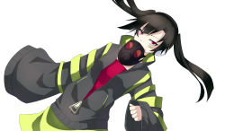 Rule 34 | 1girl, akabane, bandaid, bandaid on face, black hair, collared jacket, dutch angle, enomoto takane, gas mask, jacket, kagerou project, long hair, looking at viewer, mask, red eyes, simple background, sleeves past wrists, solo, striped clothes, striped jacket, twintails, vocaloid, white background