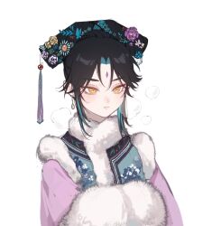 Rule 34 | aegyo sal, alternate costume, alternate hairstyle, androgynous, aqua hair, black hair, chinese clothes, crossdressing, dangle earrings, doupu41, earrings, floral print shirt, flower, fur trim, genshin impact, hair flower, hair ornament, hair up, half-closed eyes, hat tassel, highres, jewelry, liangbatou, looking ahead, male focus, manchu clothes, multicolored hair, parted bangs, pink sleeves, pointy ears, portrait, simple background, slit pupils, solo, two-tone hair, white background, xiao (genshin impact)