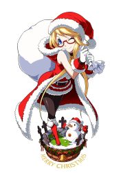 Rule 34 | 1girl, ;), blonde hair, blue eyes, commentary request, dress, enta girl, falcoon, faux figurine, full body, fur trim, highres, looking at viewer, mascot, merry christmas, official art, one eye closed, pantyhose, red-framed eyewear, red dress, sack, santa costume, semi-rimless eyewear, short hair, simple background, smile, snk, snow, snowman, solo, white background