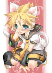 Rule 34 | 1boy, animal ears, aqua eyes, blonde hair, blush, cat boy, cat ears, cat tail, child, detached sleeves, headphones, hekicha, implied extra ears, kagamine len, licking, male focus, musical note, necktie, shorts, solo, tail, tongue, trap, vocaloid, yellow necktie