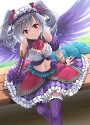 Rule 34 | 1girl, armband, ascot, backlighting, bare shoulders, bench, blue skirt, breasts, brooch, brown background, cleavage, closed mouth, clothing cutout, commentary request, day, detached sleeves, feet out of frame, flower, frilled skirt, frilled sleeves, frilled thighhighs, frills, grass, green background, grey hair, hair between eyes, hair flower, hair ornament, highres, idolmaster, idolmaster cinderella girls, idolmaster cinderella girls starlight stage, jewelry, kanzaki ranko, leshade entis, looking at viewer, maid headdress, medium breasts, medium hair, midriff, multicolored background, multicolored clothes, multicolored skirt, navel, on bench, open hand, outdoors, pink eyes, purple flower, purple skirt, purple sleeves, purple thighhighs, purple wings, red ascot, red skirt, shadow, single sleeve, skirt, sky, smile, solo, split mouth, thighhighs, twintails, v-shaped eyebrows, white background, white headwear, white sky, wings, wristband, zettai ryouiki