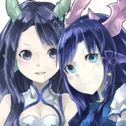 Rule 34 | 2girls, bare shoulders, black hair, blue dress, blue eyes, blue hair, blush, breasts, china dress, chinese clothes, cleavage, cleavage cutout, clothing cutout, dragon girl, dragon horns, dress, dual persona, empty eyes, fins, hair ornament, head fins, horns, karin (p&amp;d), long hair, mosamune, multiple girls, purple eyes, puzzle &amp; dragons, short sleeves, simple background, sleeveless, sleeveless dress, small breasts, smile, teeth, upper body, white background, white dress