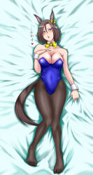 Rule 34 | 1girl, air groove (umamusume), animal ears, black pantyhose, blue leotard, blush, bow, bowtie, breasts, brown hair, cleavage, commentary request, dakimakura (medium), detached collar, ear bow, full body, highres, horse ears, horse girl, horse tail, large breasts, leotard, lying, nontraditional playboy bunny, nose blush, pantyhose, purple eyes, short hair, solo, strapless, strapless leotard, tail, umamusume, wrist cuffs, yellow bow, yellow bowtie, yuutai
