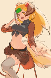 Rule 34 | 1girl, belt, bird tail, bird wings, black shirt, blonde hair, bow, brown hair, brown shirt, brown skirt, commentary request, don3, frilled skirt, frills, greater bird-of-paradise (kemono friends), green hair, hair bow, head wings, kemono friends, long hair, long sleeves, midriff, multicolored hair, red bow, shirt, simple background, skirt, solo, tail, thighhighs, tied shirt, turtleneck, two-tone shirt, white hair, white thighhighs, wings, zettai ryouiki