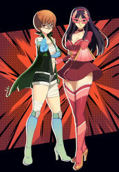 Rule 34 | 2girls, abstract background, absurdres, accessories, alternate costume, amagi yukiko, boots, breasts, cape, cleavage, cleavage cutout, clothing cutout, commission, commissioner upload, crossover, eudetenis, feather-trimmed sleeves, feathers, female focus, flat chest, folding fan, gloves, green outfit, hand fan, high heels, highres, holding, holding fan, jacket, large breasts, latex, latex legwear, latex suit, looking at viewer, mask, masquerade mask, midriff, multiple girls, navel, navel cutout, open hand, paper fan, persona, persona 4, persona 5, phantom thief, pink outfit, red background, reverse trap, satonaka chie, shin megami tensei, shy, size difference, skirt, smile, stomach cutout, thigh boots, thighhighs, tomboy, torn cape, torn clothes, wrappings