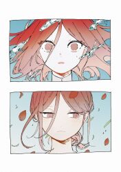 Rule 34 | 1other, androgynous, averting eyes, blue background, blush, border, bright pupils, cinnabar (houseki no kuni), closed mouth, commentary, falling petals, floating hair, gradient background, hair between eyes, hair bun, high collar, highres, houseki no kuni, humanization, light frown, liquid metal, long hair, mercury (element), multiple views, open mouth, pale skin, petals, portrait, red eyes, red hair, shiro (kuro guu), single hair bun, surprised, sweatdrop, tearing up, white border, white pupils, wide-eyed
