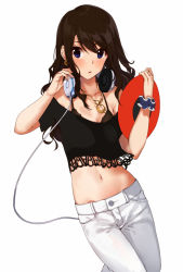 Rule 34 | 1girl, :o, bare shoulders, black shirt, blue eyes, blush, breasts, brown hair, buttons, cable, character request, cleavage, collarbone, copyright request, cowboy shot, earrings, headphones, headphones around neck, holding, jewelry, kurokin, long hair, looking at viewer, navel, necklace, off-shoulder shirt, pants, parted lips, scrunchie, shirt, short sleeves, sketch, small breasts, solo, stomach, white pants, wrist scrunchie