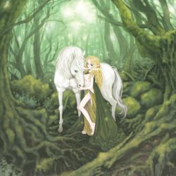 Rule 34 | 1girl, anklet, barefoot, blonde hair, blue eyes, breasts, cleavage, elf, fantasy, forest, jewelry, long hair, long skirt, mashiko hiromi, nature, original, pointy ears, skirt, smile, solo, topless, unicorn