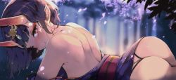 Rule 34 | 1girl, ass, bare back, blurry, blurry background, breasts, fate/grand order, fate (series), highres, horns, kyuu (plastic night q), looking at viewer, lying, on stomach, oni, petals, purple hair, red eyes, short hair, shuten douji (fate), skin-covered horns, small breasts, smile, solo, thong