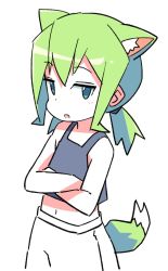 Rule 34 | 1girl, animal ear fluff, animal ears, bare arms, bare shoulders, black tank top, crop top, crossed arms, green eyes, green hair, long hair, low twintails, midriff, navel, original, pants, roku no hito, simple background, solo, tail, tank top, twintails, white background, white pants