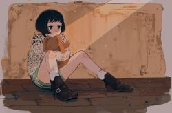 Rule 34 | 1girl, belt boots, black choker, black hair, black shirt, blunt bangs, bob cut, boots, choker, commentary, full body, furrowed brow, green shorts, highres, holding, holding stuffed toy, hugging object, knees up, lace-trimmed sweater, leon the professional, light frown, light rays, looking ahead, mathilda lando, multicolored clothes, multicolored shorts, on floor, onobane (mogyugyu88), serious, shirt, short hair, short shorts, shorts, sitting, socks, solo, striped clothes, striped shorts, stuffed animal, stuffed rabbit, stuffed toy, sunbeam, sunlight, sweater, white shorts, white socks, white sweater, wooden floor