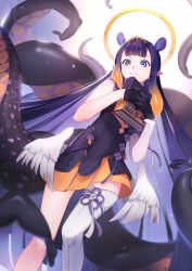 Rule 34 | 1girl, ao-chan (ninomae ina&#039;nis), arm warmers, black eyes, black hair, book, detached sleeves, halo, highres, holding, holding book, hololive, hololive english, long hair, looking at viewer, low wings, mole, mole under eye, ninomae ina&#039;nis, ninomae ina&#039;nis (1st costume), pointy ears, single arm warmer, single detached sleeve, smile, solo, tentacle hair, tentacles, tg (tg c apple), virtual youtuber, wings