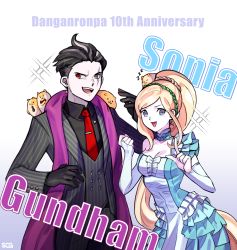 Rule 34 | 1boy, 1girl, :d, anniversary, black gloves, black hair, black shirt, blonde hair, bridal gauntlets, cham-p, character name, collarbone, collared shirt, danganronpa (series), danganronpa 10th anniversary costume, danganronpa 2: goodbye despair, dress, earrings, frills, gloves, gradient background, grey background, grey eyes, grey hair, hamster, hands up, heterochromia, highres, jacket, jewelry, jum-p, long hair, looking at viewer, maga-g, multicolored hair, necktie, official alternate costume, open mouth, pale skin, pants, red eyes, scarf, shirt, short hair, silvercandy gum, smile, sonia nevermind, squinting, striped clothes, striped jacket, striped pants, sun-d, tanaka gundham, tie clip, zzz
