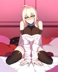 Rule 34 | 1girl, absurdres, ahoge, bare shoulders, bed, bed sheet, belt collar, blonde hair, blue eyes, blush, bodysuit, bodysuit under clothes, breasts, cleavage, collar, collarbone, female focus, full body, highres, hyperbudd, indoors, large breasts, long hair, looking at viewer, off-shoulder sweater, off shoulder, on bed, original, parted lips, pillow, sitting, sleeves past wrists, solo, sweater, thighhighs, wariza