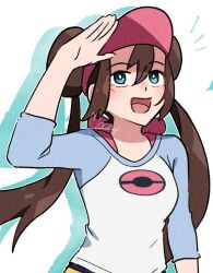 Rule 34 | 1girl, :d, aqua eyes, arm up, blush, bright pupils, brown hair, commentary request, creatures (company), double bun, game freak, hair between eyes, hair bun, happy, long hair, mocacoffee 1001, nintendo, open mouth, pantyhose, pokemon, pokemon bw2, raglan sleeves, rosa (pokemon), shirt, signature, sleeves past elbows, smile, solo, standing, tongue, twintails, upper body, visor cap, white pupils