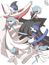 Rule 34 | absurdres, alternate color, colored skin, commentary request, creatures (company), dated, evolutionary line, gallade, game freak, gardevoir, gen 3 pokemon, gen 4 pokemon, hand up, highres, kirlia, mega gallade, mega gardevoir, mega pokemon, nintendo, outstretched arm, pokemon, pokemon (creature), ralts, red eyes, shabana may, shiny pokemon, signature, simple background, white background, white skin