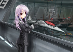 Rule 34 | 1girl, absurdres, ace combat, ace combat 6, aircraft, airplane, bad id, bad pixiv id, fighter jet, fur trim, gloves, hangar, highres, jet, lita (keyboard000), military, military uniform, military vehicle, pointing, reflection, science fiction, solo, strigon squadron, su-33, uniform, vehicle focus
