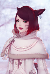 Rule 34 | 1girl, animal ears, aqua eyes, warrior of light (ff14), blurry, blurry background, capelet, cat ears, cat tail, coat, commentary, commission, earrings, english commentary, final fantasy, final fantasy xiv, fur trim, jewelry, lips, looking at viewer, miqo&#039;te, mole, mole under eye, outdoors, red hair, short hair, solo, soranamae, tail, upper body