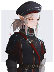 Rule 34 | 1boy, bad id, bad pixiv id, belt, black hat, blonde hair, blue eyes, blue hat, border, brown belt, closed mouth, commentary request, dnpqxnsdtd, earrings, gloves, hair tie, hat, highres, jacket, jewelry, link, lips, looking away, male focus, medium hair, military, military uniform, nintendo, outside border, pointy ears, ponytail, solo, the legend of zelda, the legend of zelda: breath of the wild, triforce print, uniform, upper body, white border, white gloves