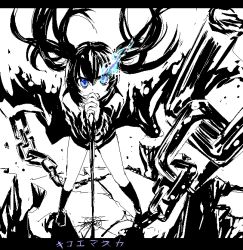Rule 34 | 10s, 1girl, bad id, bad pixiv id, black hair, black rock shooter, black rock shooter (character), blue eyes, chain, hatsune miku, monochrome, shirow (crazy), shirow (pixiv), solo, spot color, twintails, vocaloid