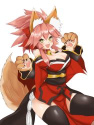 Rule 34 | 10s, 1girl, @ @, animal ears, animal hands, bell, black thighhighs, blush, breasts, cleavage, collar, fang, fate/extra, fate/grand order, fate (series), fox ears, fox tail, hair ribbon, highres, japanese clothes, large breasts, long hair, looking at viewer, neck bell, open mouth, pink hair, ribbon, ryou (619-619), simple background, solo, tail, tamamo (fate), tamamo cat (fate), tamamo cat (first ascension) (fate), tamamo no mae (fate/extra), thighhighs, white background, yellow eyes