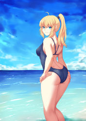 Rule 34 | 1girl, alternate costume, artoria pendragon (all), artoria pendragon (fate), ass, beach, blonde hair, blue eyes, competition swimsuit, fate/stay night, fate (series), from behind, highres, long hair, one-piece swimsuit, ponytail, saber (fate), solo, swimsuit, wujia xiaozi