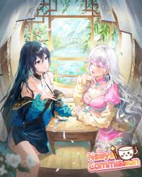 Rule 34 | 2girls, absurdres, artist name, blue eyes, blue hair, breasts, closed mouth, copyright request, crossed legs, dark blue hair, day, dress, hair between eyes, highres, holding hands, hongnabya, jacket, long hair, looking at another, medium breasts, multicolored hair, multiple girls, off shoulder, open mouth, petals, pink dress, pink eyes, puffy short sleeves, puffy sleeves, short sleeves, sitting, sweater, watermark, white hair, window