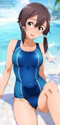 Rule 34 | 1girl, :d, arm support, asada shino, bare shoulders, beach, blue one-piece swimsuit, blue sky, blurry, blurry background, blush, breasts, brown eyes, brown hair, cloud, collarbone, commentary, commentary request, competition swimsuit, cowboy shot, day, deviantart logo, deviantart username, english commentary, facebook logo, facebook username, german commentary, gluteal fold, hair between eyes, hair ribbon, highres, looking at viewer, medium breasts, mixed-language commentary, no eyewear, one-piece swimsuit, open mouth, outdoors, partial commentary, pixiv id, pixiv logo, ribbon, short hair, shugo19, sitting, sky, smile, solo, swimsuit, sword art online, tress ribbon, twitch logo, twitch username, twitter logo, twitter username, variant set, water