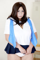 Rule 34 | 1girl, asian, blue eyes, breasts, brown hair, chair, chouzuki maryou, classroom, cleavage, cosplay, desk, freckles, glasses, highres, hip focus, idumi hoshi, idumi hoshi (cosplay), large breasts, little mermaid alone, locker, photo (medium), plump, school, solo, thick thighs, thighs, wide hips