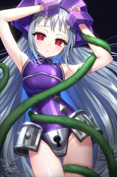 Rule 34 | 1girl, absurdres, arms up, cowboy shot, highres, iron maiden jeanne, keyhole, kohanayuki, leotard, long hair, looking at viewer, parted lips, plant, purple leotard, red eyes, shaman king, sleeveless, solo, thorns, vines, white hair