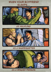 Rule 34 | 2boys, 3koma, alien, alternate facial hair, alternate hair length, alternate hairstyle, anger vein, annoyed, arm hair, bad id, bad tumblr id, bara, beard, bedroom, black hair, black tank top, blonde hair, closed eyes, colored skin, comic, couple, cris art, dragon wings, english text, facial hair, flying sweatdrops, from above, green scales, green skin, green wings, hulkling, interspecies, large hands, long hair, lying, male focus, marvel, multiple boys, mustache, on bed, on person, on stomach, pajamas, pectorals, short hair, sideburns, sideburns stubble, sleeping, smile, stubble, tank top, thick eyebrows, toned, toned male, u u, upper body, wiccan, wings, yaoi