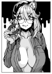 1girl :p absurdres animal_ear_fluff animal_ears arknights breasts cleavage closed_mouth donut eating food food_on_face glasses greyscale hair_ornament hairclip heart highres holding holding_food kumamu large_breasts long_sleeves looking_at_viewer monochrome no_bra official_alternate_costume open_clothes open_shirt round_eyewear short_hair smile solo tilted_headwear tongue tongue_out two-tone_background utage_(arknights) utage_(disguise)_(arknights)