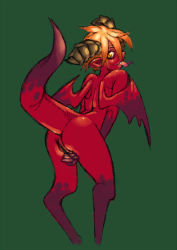 Rule 34 | 1girl, blonde hair, colored skin, dragon girl, dragon horns, dragon tail, dragon wings, from behind, horns, kanemaki thomas, leaning forward, long tongue, monster girl, nude, original, pointy ears, presenting, pussy, red skin, short hair, simple background, tail, tongue, tongue out, wings, yellow eyes