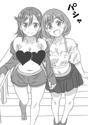 Rule 34 | 2girls, bare shoulders, bikini, bikini shorts, bikini skirt, blush, breasts, censored, censored nipples, closed mouth, collarbone, commentary, greyscale, hand on railing, heads together, heart, heart censor, holding another&#039;s arm, jacket, looking at viewer, love live!, love live! superstar!!, marugoshi teppei, medium breasts, medium hair, monochrome, multiple girls, navel, open clothes, open jacket, open mouth, shibuya kanon, short hair, shorts, smile, sound effects, swimsuit, taking picture, tang keke, white background